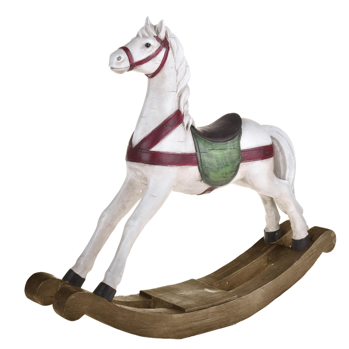 Cavallo A Dondolo Natalizio In Resina - Decorazione Interna Bianco, Verde E Rosso