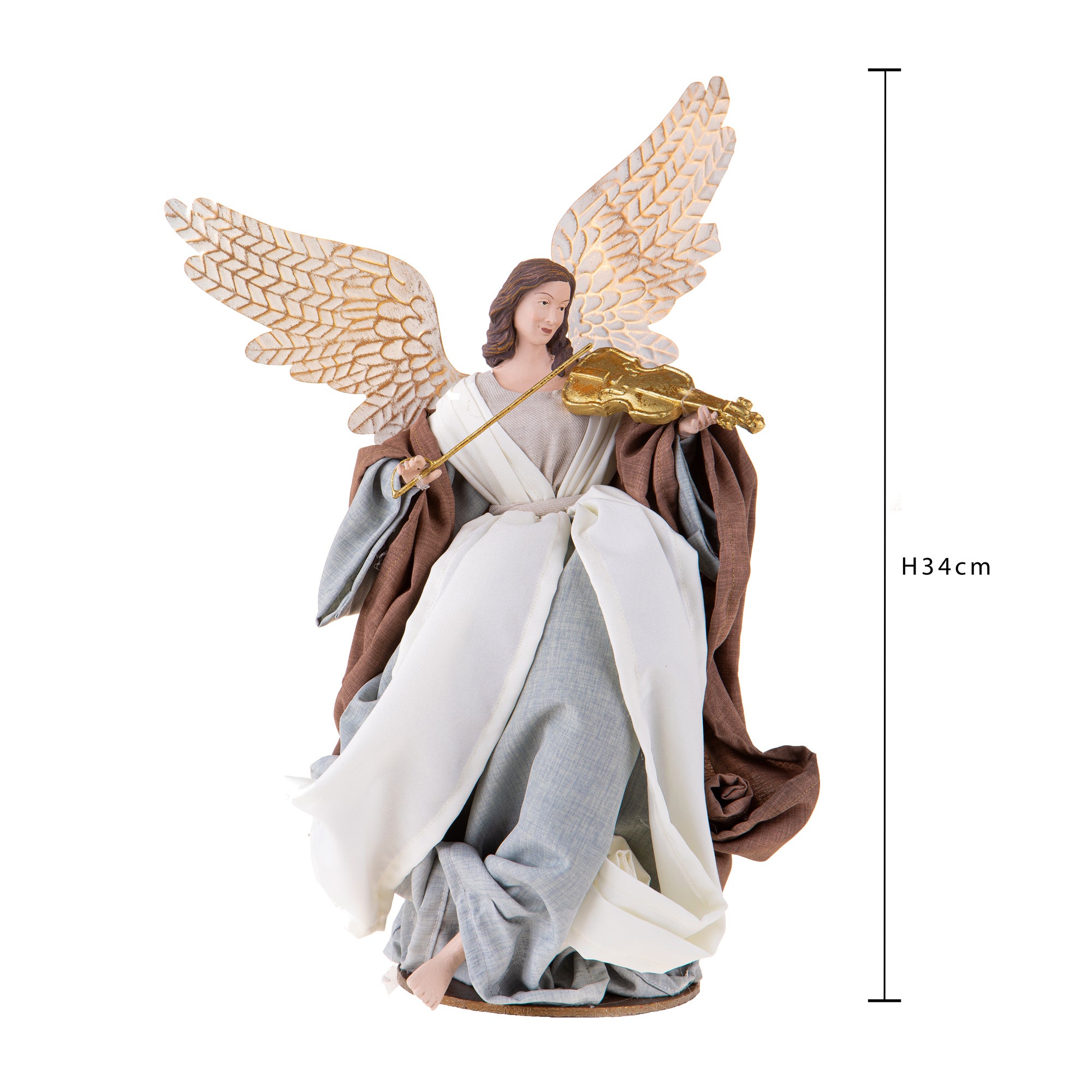 FADEDA - Angelo Per Presepe Con Abito In Tessuto Oro, 28 Cm, Ghisa Effetto Legno, Dipinto A Mano, Decorazione Natalizia